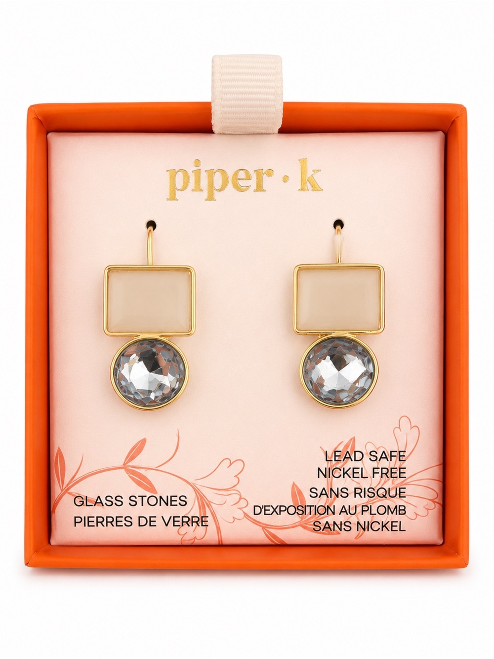 piper•k Gold-Tone Earrings with Cream Enamel and Clear Glass Stone Drops